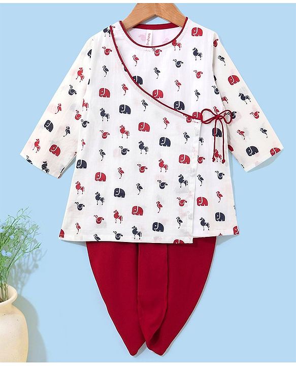 Babyoye 100% Cotton Full Sleeves Kurta & Dhoti Set Elephant & Horse Print - White & Maroon