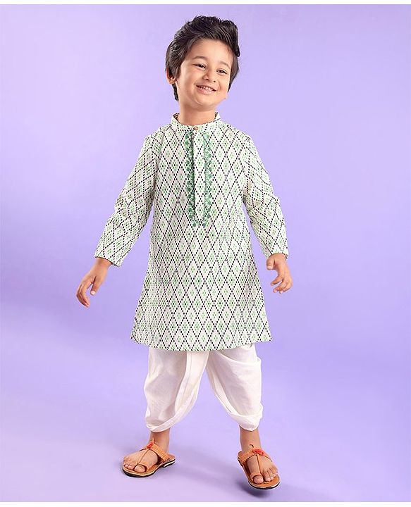 Babyhug 100% Cotton Full Sleeves Kurta & Laheriya Dhoti Set Floral Embroidery & Diamond Print - Cream & Green
