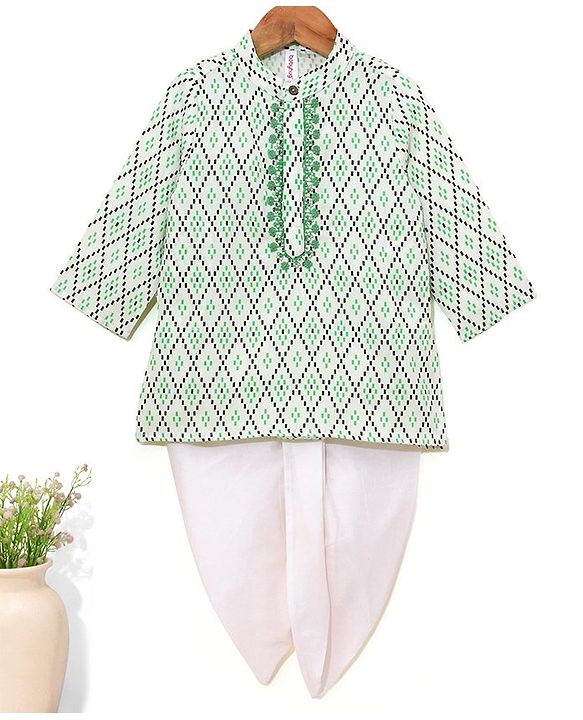 Babyhug 100% Cotton Full Sleeves Kurta & Laheriya Dhoti Set Floral Embroidery & Diamond Print - Cream & Green