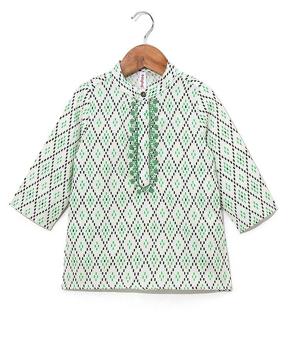 Babyhug 100% Cotton Full Sleeves Kurta & Laheriya Dhoti Set Floral Embroidery & Diamond Print - Cream & Green