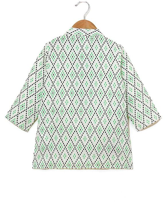 Babyhug 100% Cotton Full Sleeves Kurta & Laheriya Dhoti Set Floral Embroidery & Diamond Print - Cream & Green
