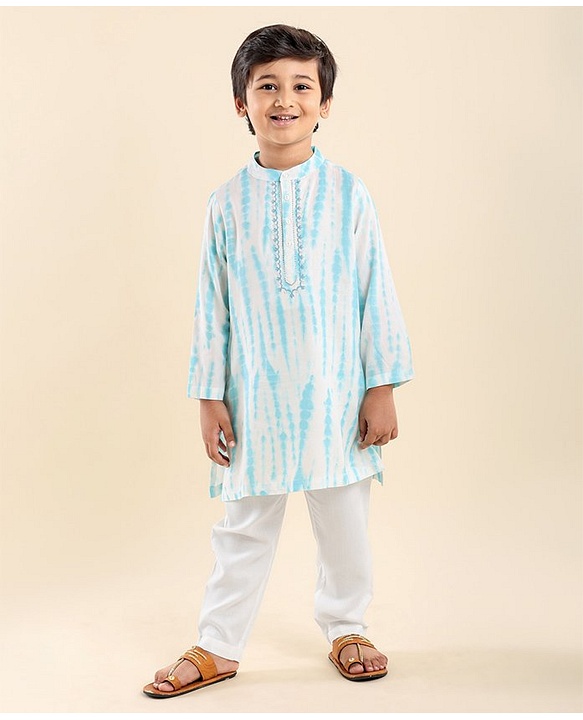 Babyhug Full Sleeves Embroidered Kurta & Pyjama Set Tie Dye Print- White & Blue