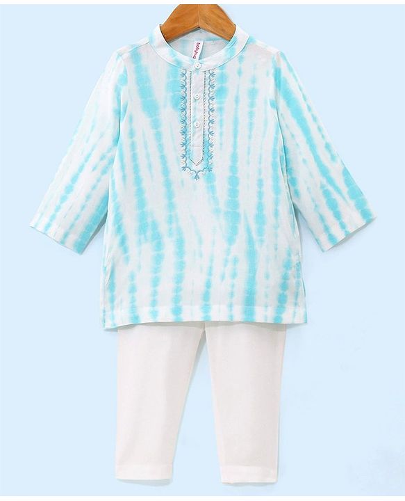 Babyhug Full Sleeves Embroidered Kurta & Pyjama Set Tie Dye Print- White & Blue