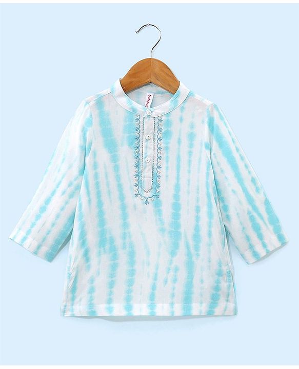 Babyhug Full Sleeves Embroidered Kurta & Pyjama Set Tie Dye Print- White & Blue