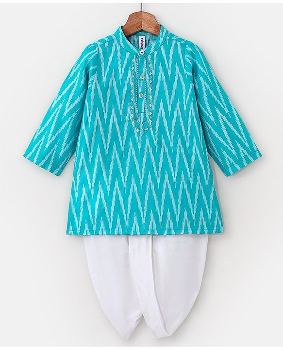 Babyhug Woven Full Sleeves Kurta & Dhoti Set Geometric Pattern Print - Blue & Off White