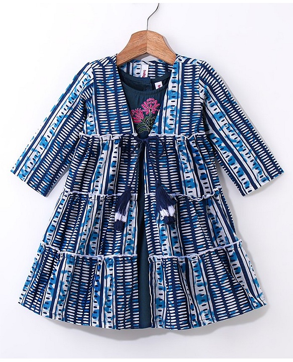 Babyhug Woven Ethnic Dress with Full Sleeves Shrug & Front Tie-Up Details Dots Print - Indigo