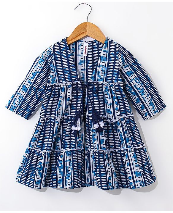 Babyhug Woven Ethnic Dress with Full Sleeves Shrug & Front Tie-Up Details Dots Print - Indigo