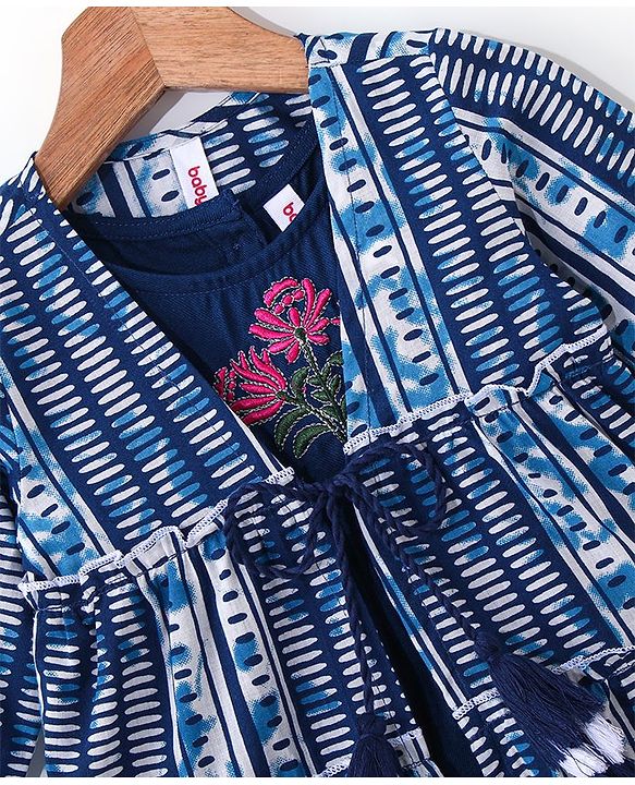 Babyhug Woven Ethnic Dress with Full Sleeves Shrug & Front Tie-Up Details Dots Print - Indigo