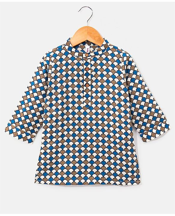 Babyhug 100% Cotton Knit Full Sleeves Kurta & Dhoti Set Angarakha Print - Blue & Brown