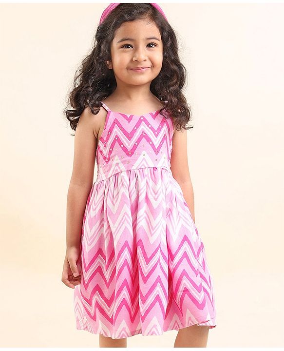 Babyhug 100% Cotton Woven Sleeveless Chevron Print Embroidered Sequins Dress - Pink