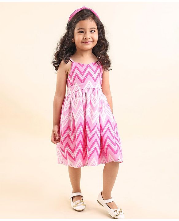 Babyhug 100% Cotton Woven Sleeveless Chevron Print Embroidered Sequins Dress - Pink