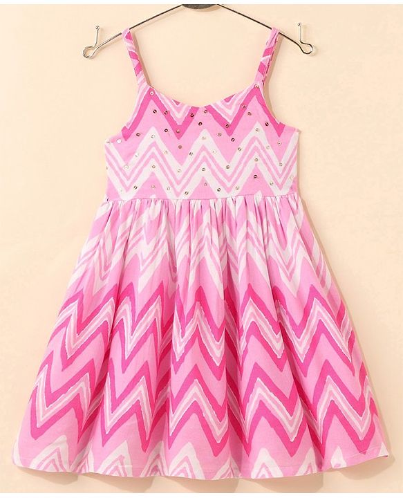 Babyhug 100% Cotton Woven Sleeveless Chevron Print Embroidered Sequins Dress - Pink