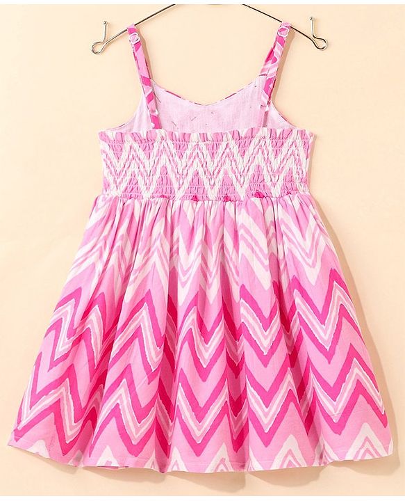 Babyhug 100% Cotton Woven Sleeveless Chevron Print Embroidered Sequins Dress - Pink