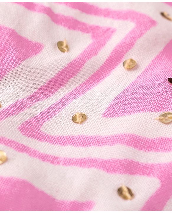 Babyhug 100% Cotton Woven Sleeveless Chevron Print Embroidered Sequins Dress - Pink