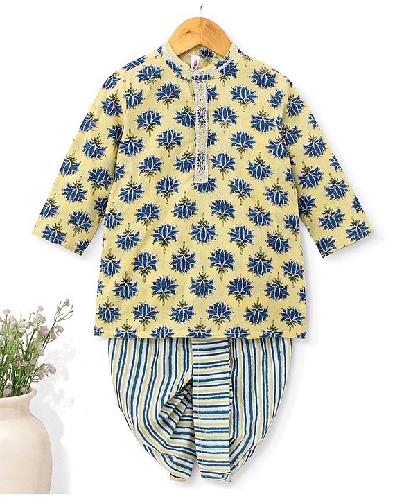 Babyhug 100% Cotton Full Sleeves Floral Print Kurta & Dhoti Set - Light Yellow