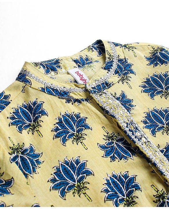 Babyhug 100% Cotton Full Sleeves Floral Print Kurta & Dhoti Set - Light Yellow