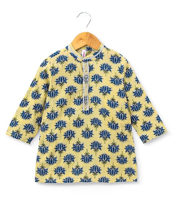 Babyhug 100% Cotton Full Sleeves Floral Print Kurta & Dhoti Set - Light Yellow
