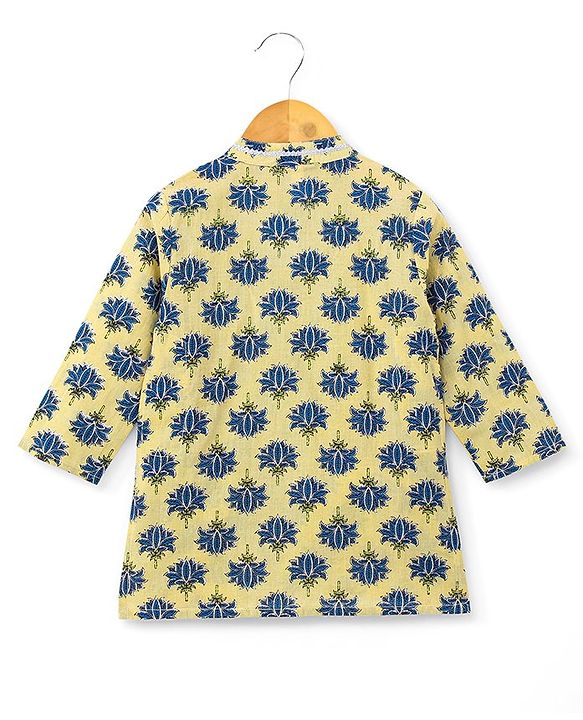 Babyhug 100% Cotton Full Sleeves Floral Print Kurta & Dhoti Set - Light Yellow
