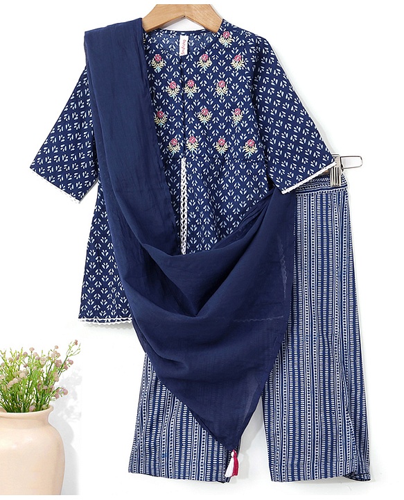 Babyhug 100% Cotton Full Sleeves Kurti & Palazzo With Dupatta Floral Print & Embroidery- Indigo