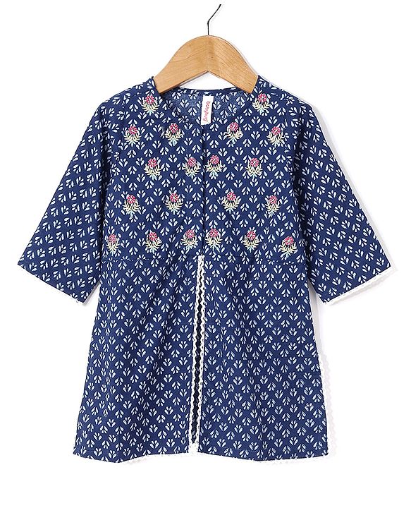 Babyhug 100% Cotton Full Sleeves Kurti & Palazzo With Dupatta Floral Print & Embroidery- Indigo