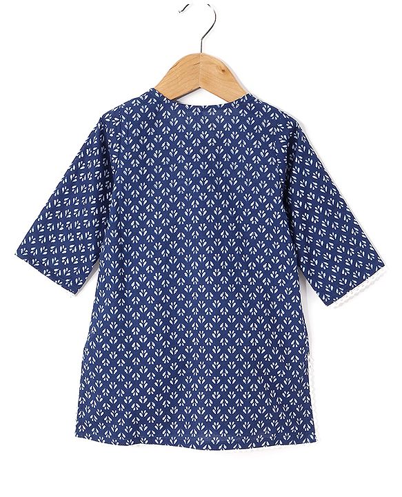 Babyhug 100% Cotton Full Sleeves Kurti & Palazzo With Dupatta Floral Print & Embroidery- Indigo