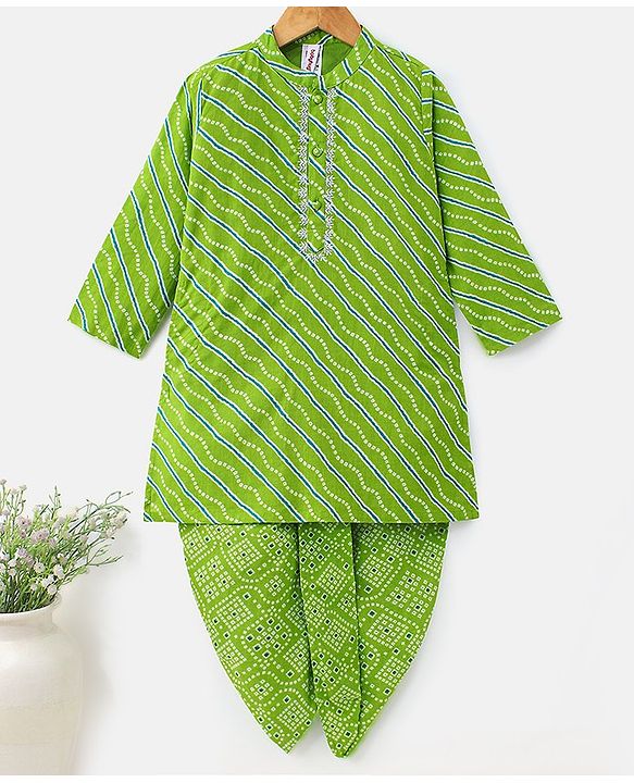 Babyhug Cotton Full Sleeves Kurta & Dhoti Set Bandhani Print - Green