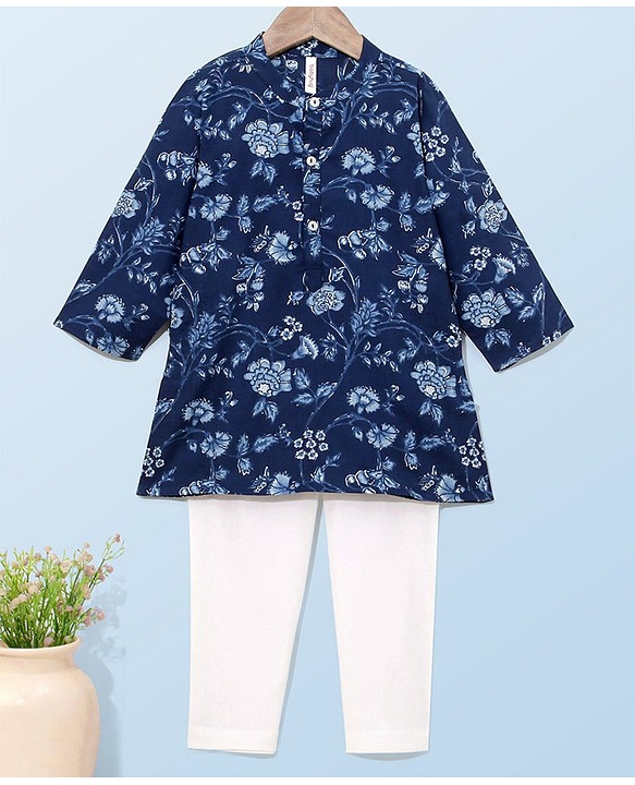 Babyhug 100% Cotton Woven Full Sleeves Kurta with Payjama Set Floral Print - Blue