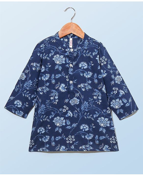 Babyhug 100% Cotton Woven Full Sleeves Kurta with Payjama Set Floral Print - Blue