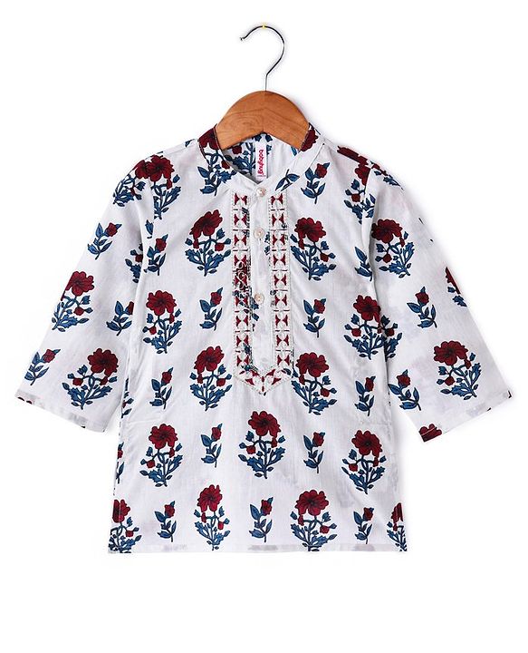 Babyhug 100% Cotton Full Sleeves Woven Floral Printed Kurta with Chevron Printed Dhoti Set - White