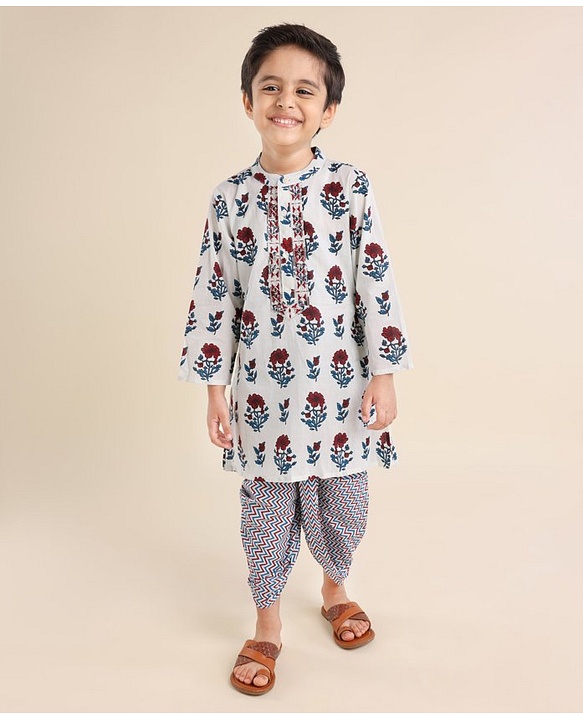 Babyhug 100% Cotton Full Sleeves Woven Floral Printed Kurta with Chevron Printed Dhoti Set - White