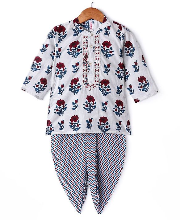 Babyhug 100% Cotton Full Sleeves Woven Floral Printed Kurta with Chevron Printed Dhoti Set - White