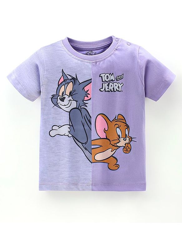 Babyhug Cotton Half Sleeves T-Shirt Tom and Jerry Print - White Melange & Purple