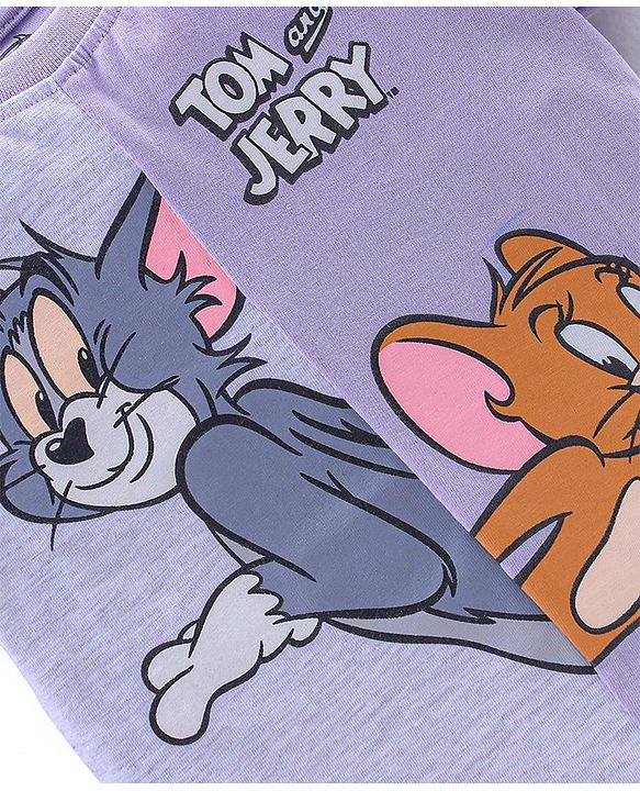 Babyhug Cotton Half Sleeves T-Shirt Tom and Jerry Print - White Melange & Purple