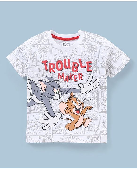 Babyhug Cotton Half Sleeves Tom and Jerry Print T-Shirt - White