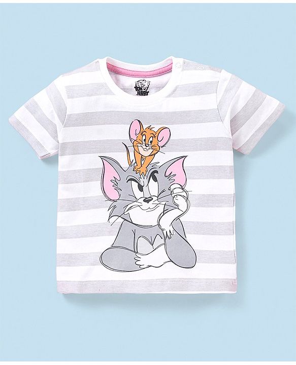Babyhug Cotton Jersey Knit Half Sleeves Striped T-Shirt Tom & Jerry Print - White & Grey Melange
