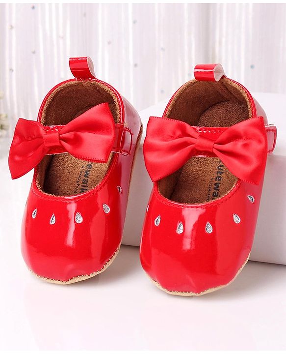 Cute Walk by Babyhug Party Booties with Bow and Velcro Closure - Red