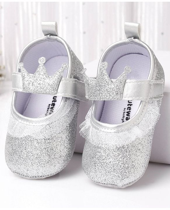 Cute Walk by Babyhug Party Glitter Booties with Crown Applique and Velcro Closure - Silver