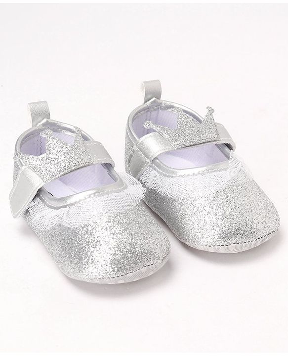 Cute Walk by Babyhug Party Glitter Booties with Crown Applique and Velcro Closure - Silver