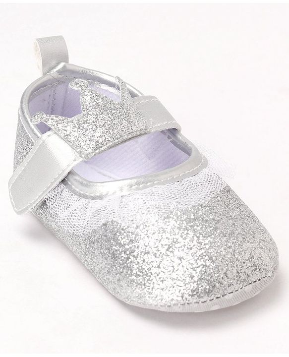 Cute Walk by Babyhug Party Glitter Booties with Crown Applique and Velcro Closure - Silver