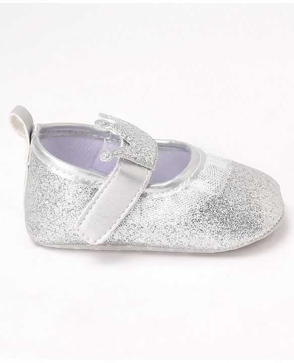 Cute Walk by Babyhug Party Glitter Booties with Crown Applique and Velcro Closure - Silver