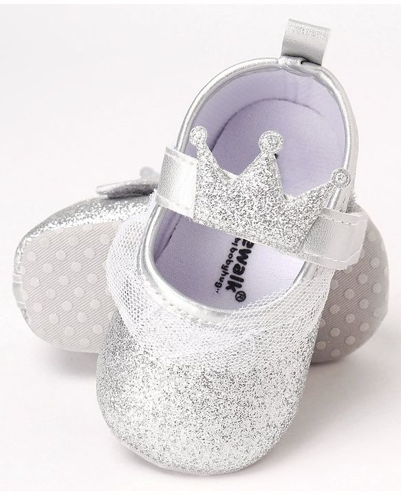 Cute Walk by Babyhug Party Glitter Booties with Crown Applique and Velcro Closure - Silver