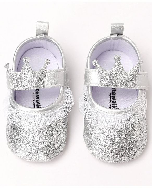 Cute Walk by Babyhug Party Glitter Booties with Crown Applique and Velcro Closure - Silver