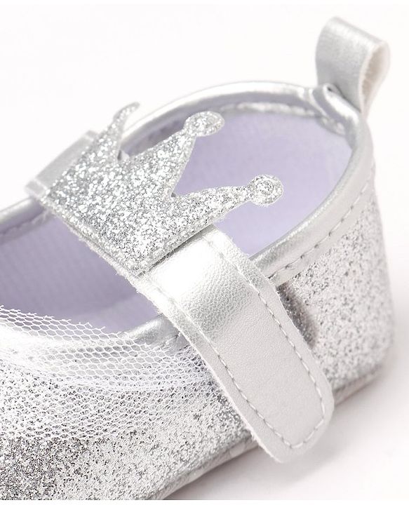 Cute Walk by Babyhug Party Glitter Booties with Crown Applique and Velcro Closure - Silver