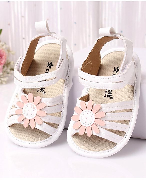 Cute Walk by Babyhug Velcro Closure Sandal Style Booties With Floral Applique - White