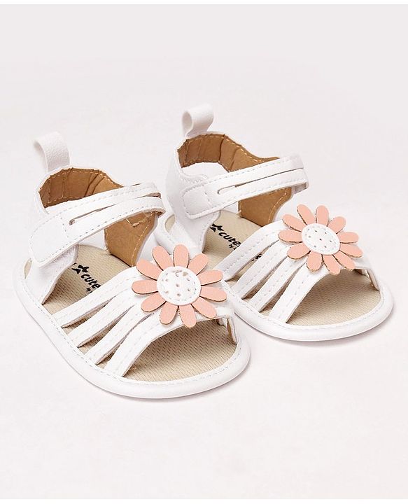 Cute Walk by Babyhug Velcro Closure Sandal Style Booties With Floral Applique - White