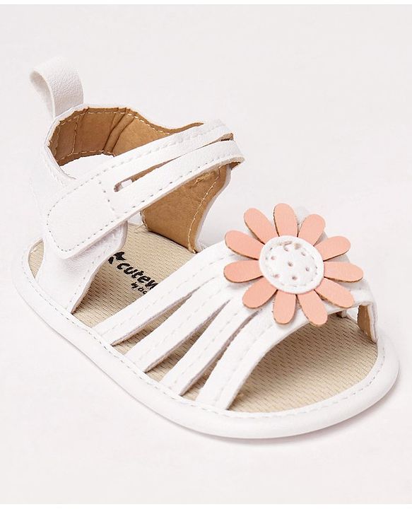 Cute Walk by Babyhug Velcro Closure Sandal Style Booties With Floral Applique - White
