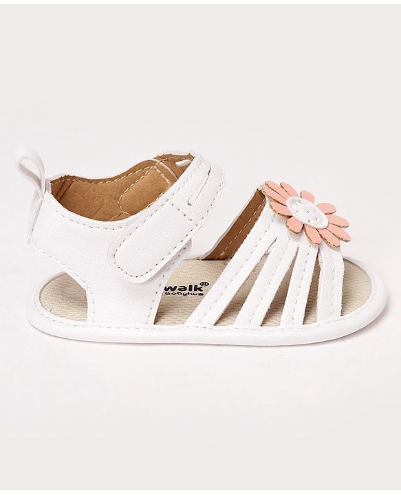 Cute Walk by Babyhug Velcro Closure Sandal Style Booties With Floral Applique - White