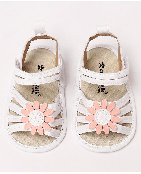 Cute Walk by Babyhug Velcro Closure Sandal Style Booties With Floral Applique - White