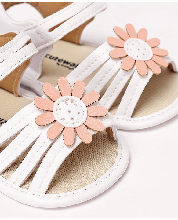 Cute Walk by Babyhug Velcro Closure Sandal Style Booties With Floral Applique - White