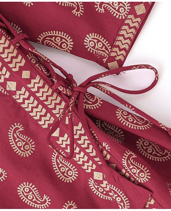 Babyhug Three Fourth Sleeveless Foil Printed Kurta Lehenga Set With Dupatta - Maroon